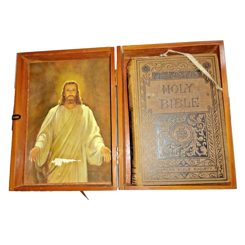 1889 Am. Bible Society Johnson Family Bible w/ latching case. Typed notes